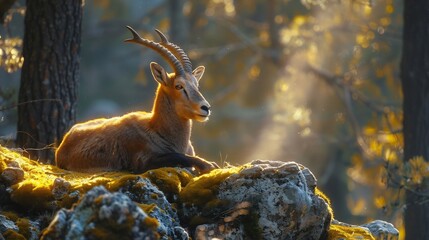 Ibex resting on mossy rocks with sunlight shining through the trees in the background on transparent background silhouette