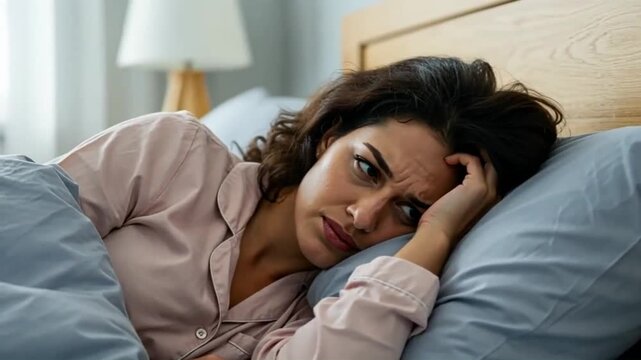 Woman in bed looking worried