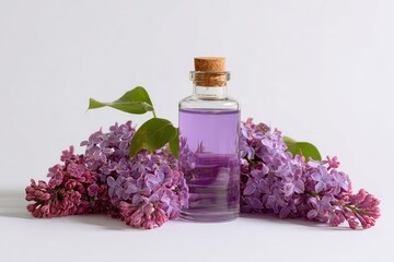 Lilac essential oil in a glass bottle, surrounded by fresh lilac blossoms.  A light-purple liquid fills the bottle.  Gentle lighting on a plain white background