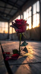 A single red rose on weathered wood