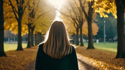 A woman walking along a winding path in a peaceful park setting - Powered by Adobe