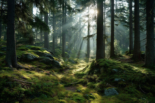 Forest Path Bathed in Sun Rays Through Pine Trees sunbeams