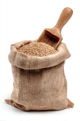 Burlap sack filled with grains, wooden scoop