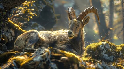 A majestic ibex resting peacefully on mossy rocks in a sun dappled forest with large curved horns visible on transparent background silhouette