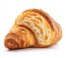 Fototapeta premium Close-up of a golden-brown croissant, sliced open, revealing light-yellow interior