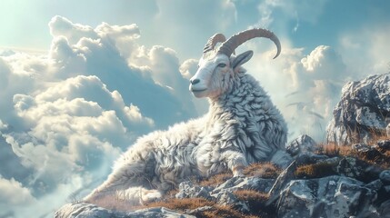 A majestic white ram resting peacefully atop rocky terrain under a cloudy blue sky landscape view on transparent background silhouette