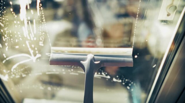 Window Cleaning With Squeegee Tool.  Person Washing Glass Surface From Dirt And Water Stains. Housekeeping 