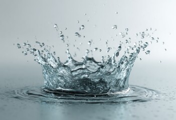 Water splash, crown-like shape.  Clear, light-blue liquid.  Ripples radiate outwards