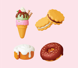 3d dessert. Bakery shop sweets, pastries and cakes. Realistic ice cream, pie and cookies. Chocolate and cupcake, donut, pithy vector clipart