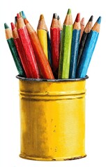 Colorful pencils clustered in a bright yellow tin (1)