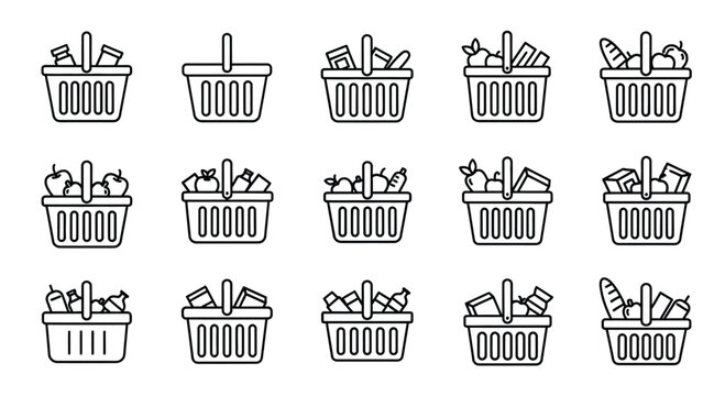 Set of fifteen shopping basket icons representing groceries and food items in a hand-drawn style vector