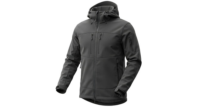 Mountain softshell jacket mockup, modern cut, hooded, isolated on clean white background