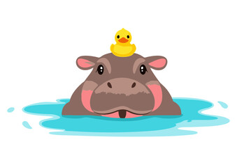 Cute Hippopotamus in Water with Yellow Rubber Duck.