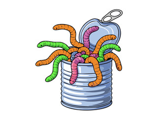 Cartoon Illustration of Colorful Worms Emerging from a Can.