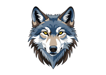 Stylized Wolf Head Illustration with Blue and Brown Fur and Yellow Eyes.