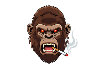 Angry Gorilla Head with Glowing Red Eyes Smoking a Cigarette.