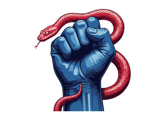 Blue Fisted Hand Holding a Red Scaled Snake with Tongue Out.