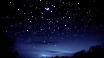 Naklejka premium Vibrant Starry Night Sky with Twinkling Stars and Silhouette Trees, Perfect for Cosmic Backgrounds