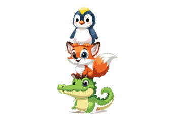 Stacked Cartoon Animals: Penguin Fox and Alligator Illustration.
