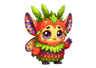 Adorable Cartoon Creature with Leaf-like Fur Butterfly Wings and Waving Paw.