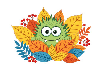 Cartoon Green Monster with Spikes Peeking from Colorful Autumn Leaves.