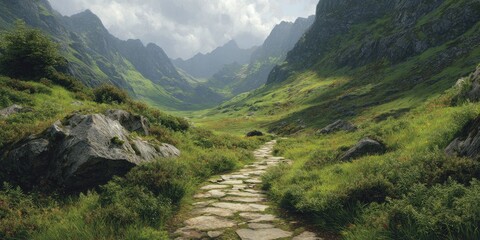Mountain path winds through lush valley