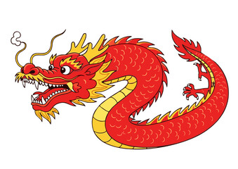 Fiery Red Chinese Dragon with Yellow Accents Open Mouth and Detailed Scales.