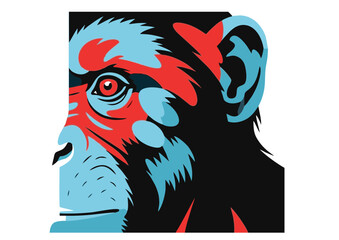 Stylized Chimpanzee Portrait with Red and Blue Accents on Black Background.