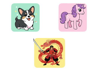 Cartoon Samurai with Dragon Holding Sword in Red Armor Yellow Background.