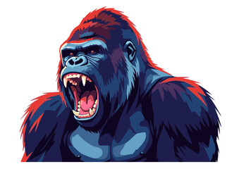 Powerful Roaring Gorilla Blue and Red Stylized Portrait Intense Expression Sharp Teeth.
