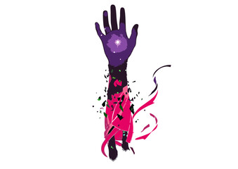 Abstract Digital Illustration of a Reaching Hand with Cosmic Elements.