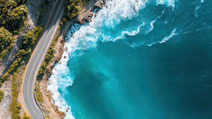 Aerial view of coastal road curving along rocky shoreline with turquoise ocean waves crashing against cliffs, surrounded by lush greenery