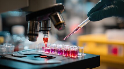 Obraz premium Scientific Research: Close-up of Microscope, Cell Culture Plate, and Dropper in a Medical Laboratory