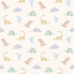 Cute watercolor dinosaur seamless pattern in soft pastel colors. Gentle and minimalist prehistoric animal background for baby nursery decor, kids' fabric, and children's wallpaper.