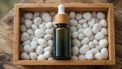 Organic Essential Oil Dropper Bottle: Natural Skincare and Aromatherapy in an Amber Glass Bottle with a Bamboo Cap, showcased on white pebbles.