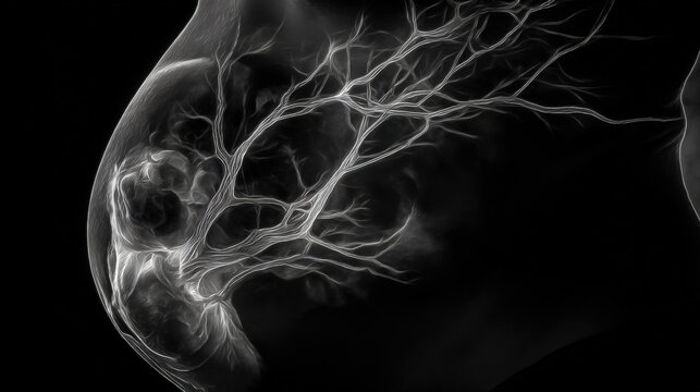 Breast Anatomy Visualization: Medical Illustration of Mammary Gland Structure and Lymphatic System on Black Background