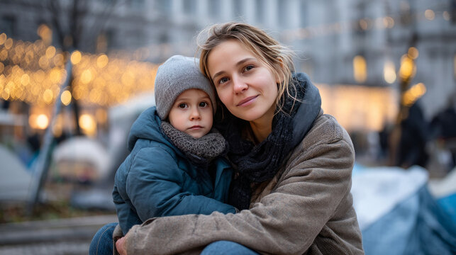 A homeless woman holding her child close, sitting in a makeshift shelter as Christmas carols can be heard faintly from the street. As a result of winter's cold, harshness, warmth, holidays