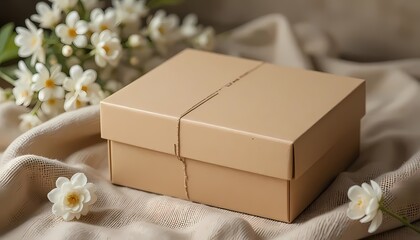 Simple Kraft-Style Gift Box Mockup Tied with String, Resting on Draped Silk with White Flowers. Elegant and Minimalist Packaging Concept for Retail Products, Jewelry, Candles, or Luxury E-commerce 