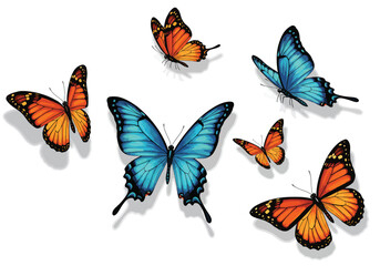 A captivating cluster of butterflies, showcasing vibrant orange monarchs and a striking blue swallowtail, isolated on white background, creating a whimsical scene