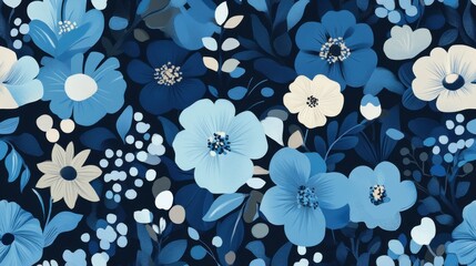 Seamless floral pattern with various blue and white flowers and green leaves on a dark navy background, perfect for fabric or wallpaper