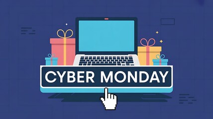 Cyber monday sale with laptop and gift boxes, online shopping concept