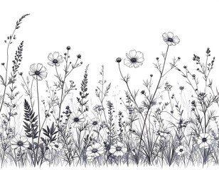 Black and white illustration of wildflowers and grasses
