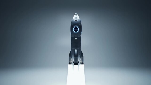 Pixelated Rocket Launching With Bright Smoke In A Gradient Grey Background Studio Shot With Sharp Focus And Detailed Texture For Science Fiction Aesthetic