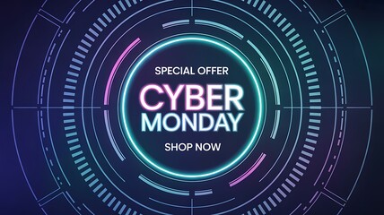 Cyber monday special offer with futuristic neon circle and shop now text