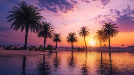 Oasis sunset with palm trees reflected in calm water.