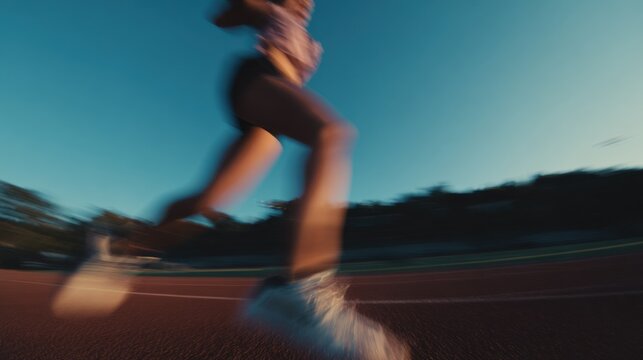 Dynamic Motion Blur of Athlete Sprinting on Running Track Against a Vibrant Blue Sky