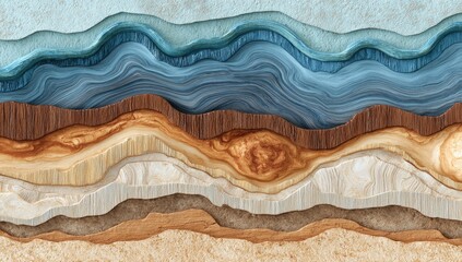 Layered geological strata, stylized and colorful.  Blue,  brown, and beige  abstract  relief  layers