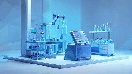 A stylized, low-poly 3D rendering of a modern science lab.  Cool blue tones dominate the space.  Various lab equipment, including beakers, flasks, and apparatus, are showcased