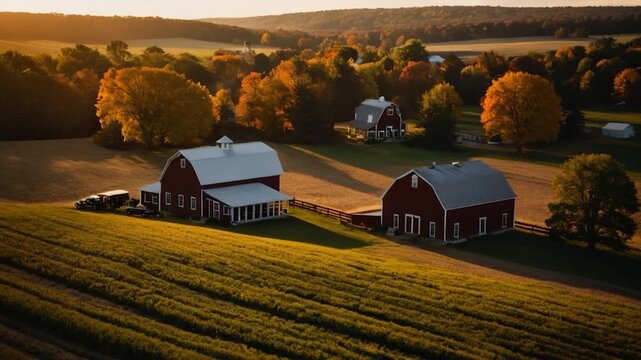 Aerial photo of a rural farm with fields and barns