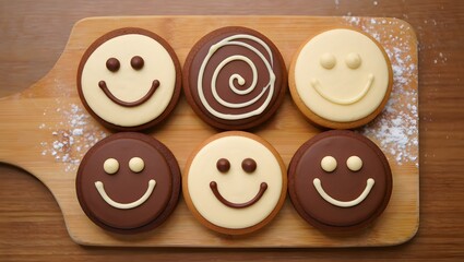 Obraz premium Delicious chocolate smiley face cookies on wooden board perfect for baking and dessert recipes